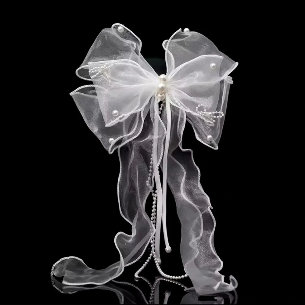 Oversized White Mesh Bow With Pearls Hair Clip